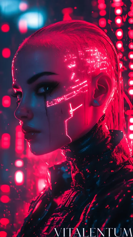 Cybernetic female portrait in neon-lit digital environment.