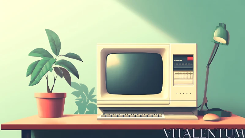 Retro desktop computer with plant and lamp on desk.