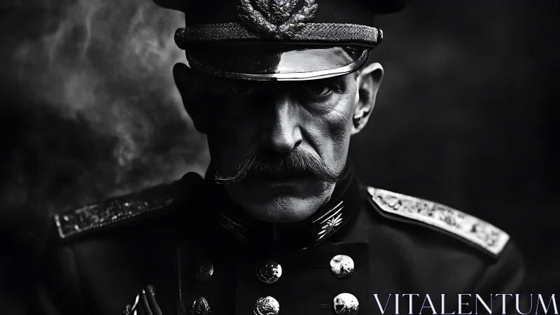 Shadowed general in smoky light, stern gaze and medals.