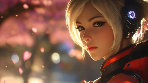 Cybernetic heroine gazes through bokeh-lit sakura ambience