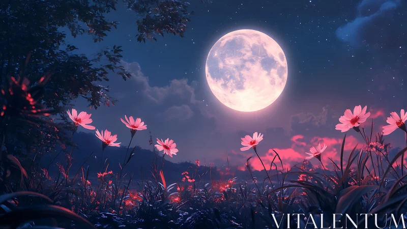 Luminous full moon over neon-lit wildflower meadow at night.