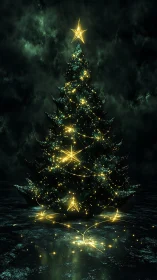 Luminous Christmas tree with golden star trails at night.