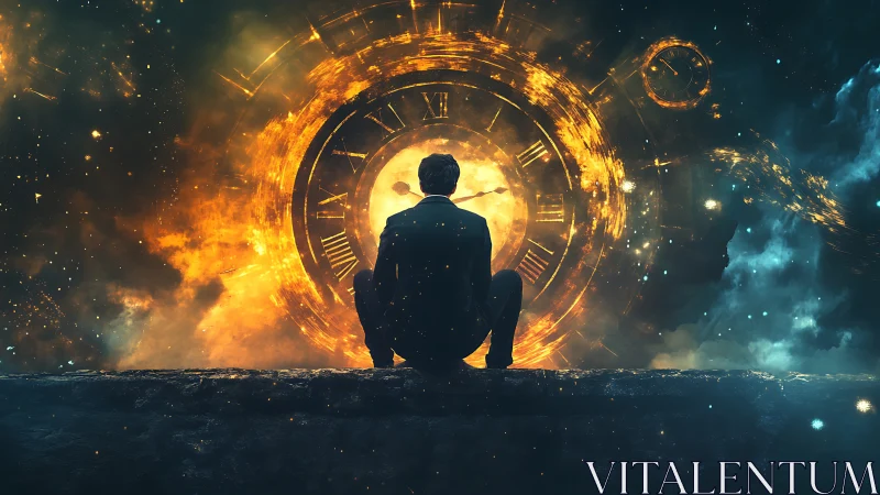 Solitary figure before luminous cosmic clock portal scene.