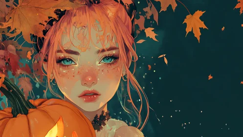 Autumn witch portrait holds glowing pumpkin under falling leaves