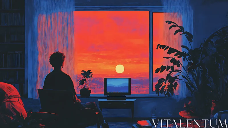 Silhouetted person watching vivid digital sunset indoors.