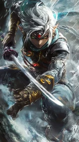 Dynamic elven swordsman lunges forward with motion-blurred steel