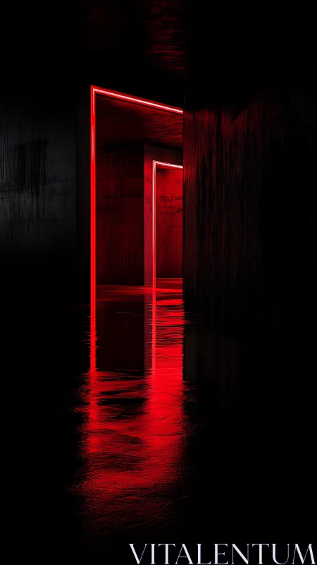Neon thresholds carve glowing corridors through liquid shadow