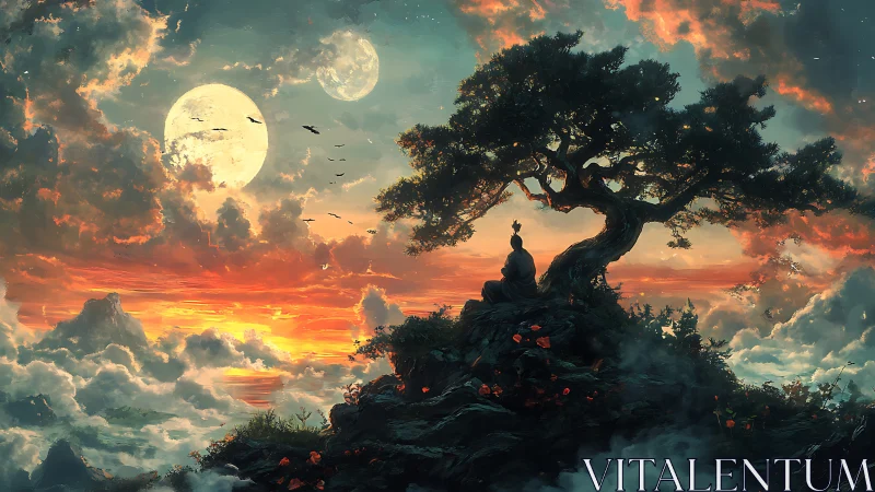 Meditative silhouette beneath windswept tree at dual-moon dusk