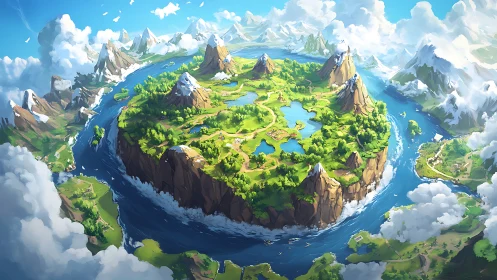 Fantasy Floating Island: Aerial Landscape with Rivers and Mountains.