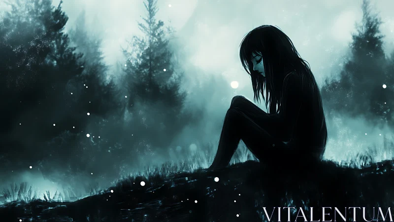 Solitary anime girl sits in misty forest, lost in thought