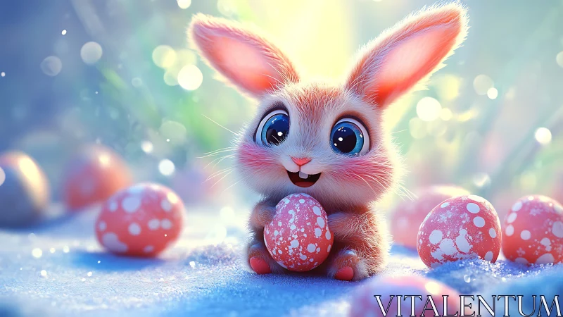Digital render of stylized rabbit with patterned eggs in snow.