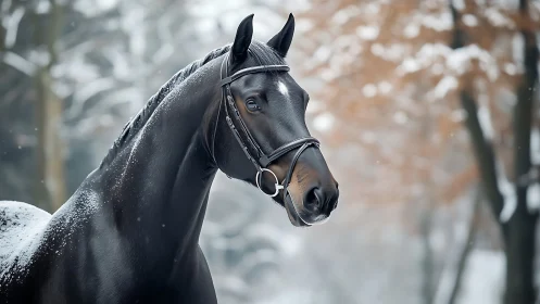 Dark horse in bridle standing in snowy winter woodland.