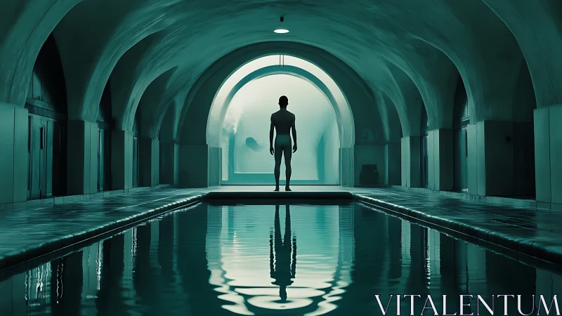 Solitary silhouette poised above a cathedral-lit aqua pool.