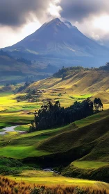 Volcanic giant watching sunlit patchwork valleys below.