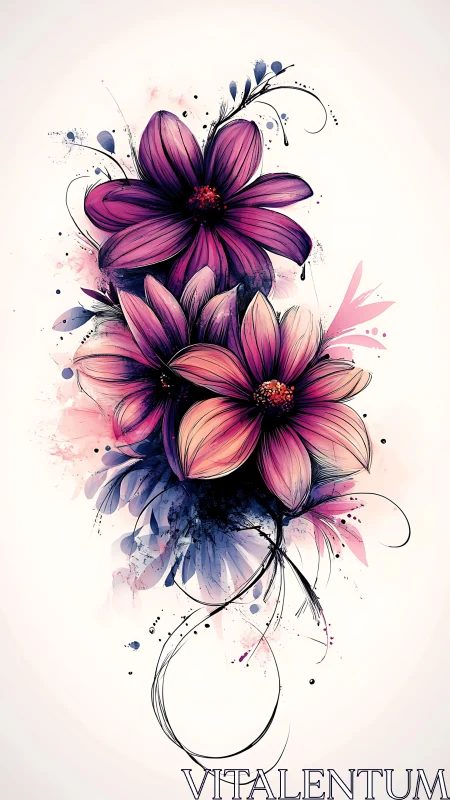 Vibrant magenta florals with ink splatter accents on white.