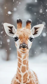 Curious baby giraffe enjoying a gentle winter snowfall.