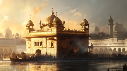 Golden temple glows over reflective water at dawn