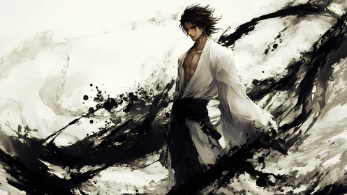 Ink-touched warrior poised within swirling painted storm.