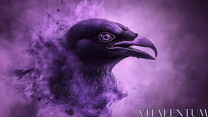 Majestic purple raven emerging from swirling cosmic mist.