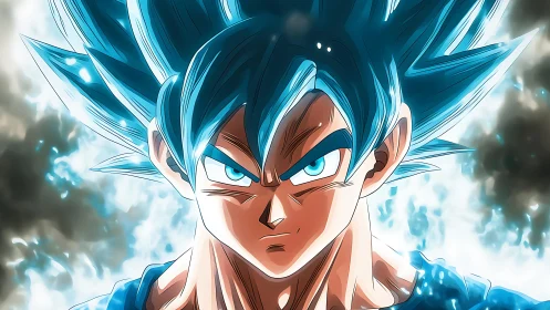 Blazing blue warrior ignites with crackling cosmic aura power.