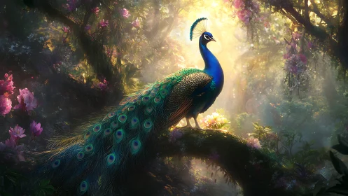 Radiant peacock stands in a dreamlike, sunlit forest glade