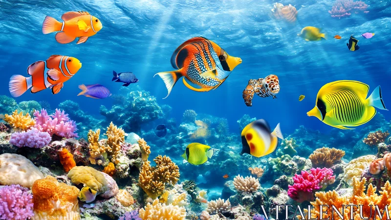 Tropical reef fish swimming over diverse coral formations.