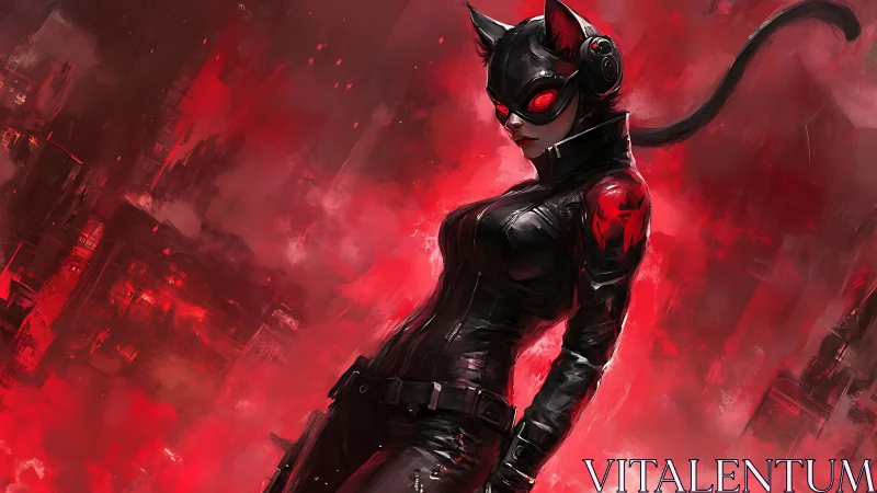 Crimson city cat rogue in neon-lit midnight armor.