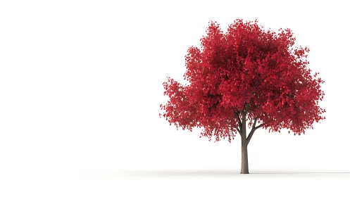 Crimson maple dreaming alone on a bright white horizon.