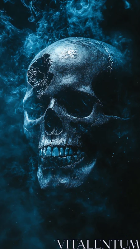Ethereal blue skull emerges from swirling cinematic smoke