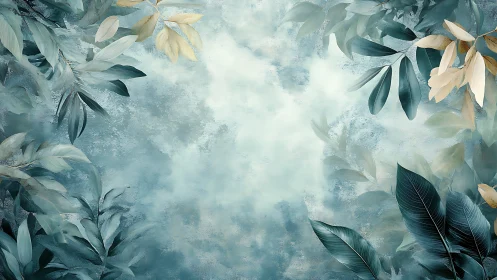 Muted botanical foliage surrounds a pale central background