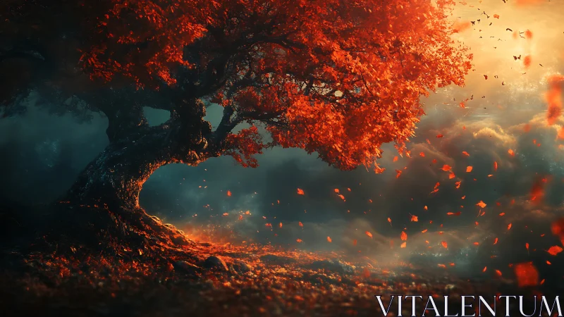 Luminous autumn tree in stormlit fog with drifting scarlet leaves