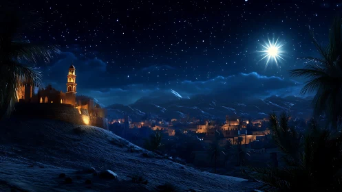 Night desert town under star-filled sky with bright celestial body