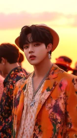 Stylish young man in orange floral suit at sunset.