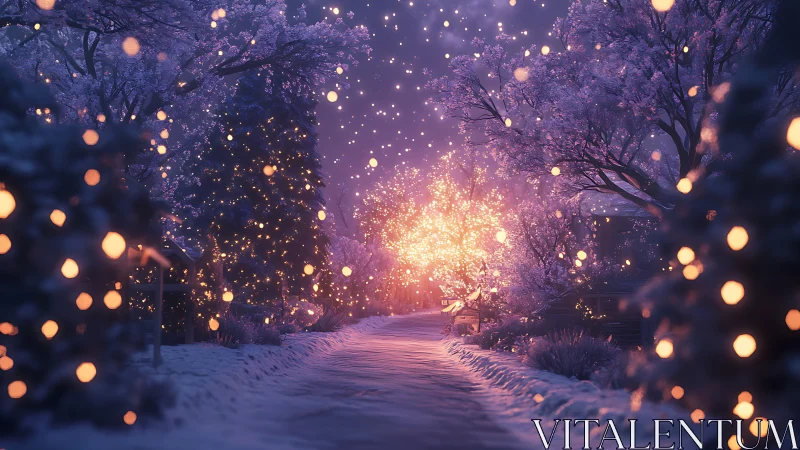 Snow-covered village path illuminated by warm bokeh lights