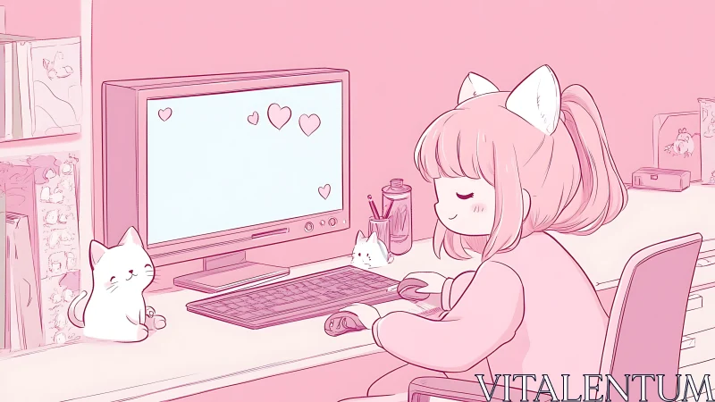 Girl with cat ears operates computer in monochrome room