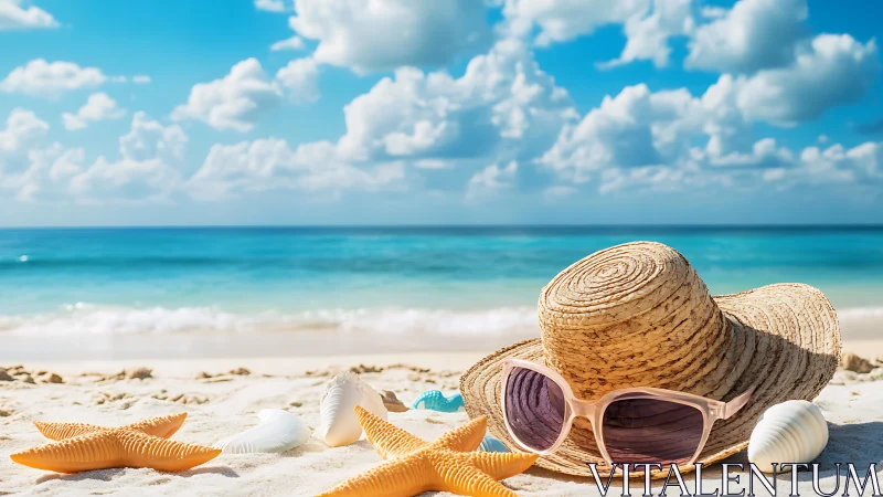 Straw sun hat and sunglasses on sandy tropical beach.