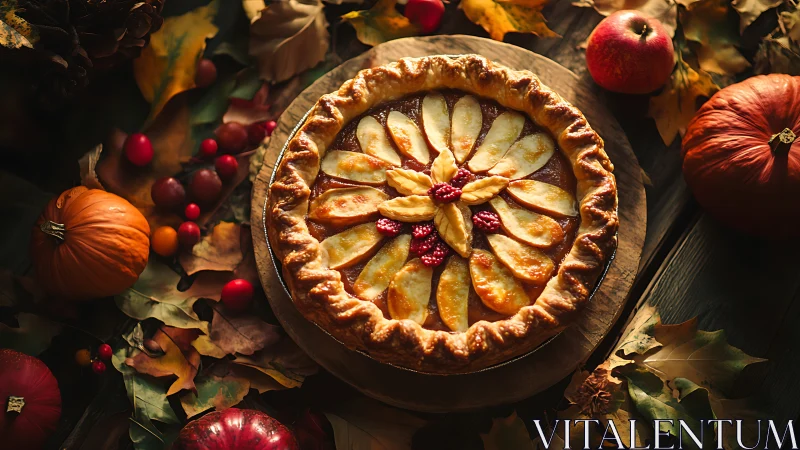 Autumn harvest pie arranged in radial pattern on rustic table
