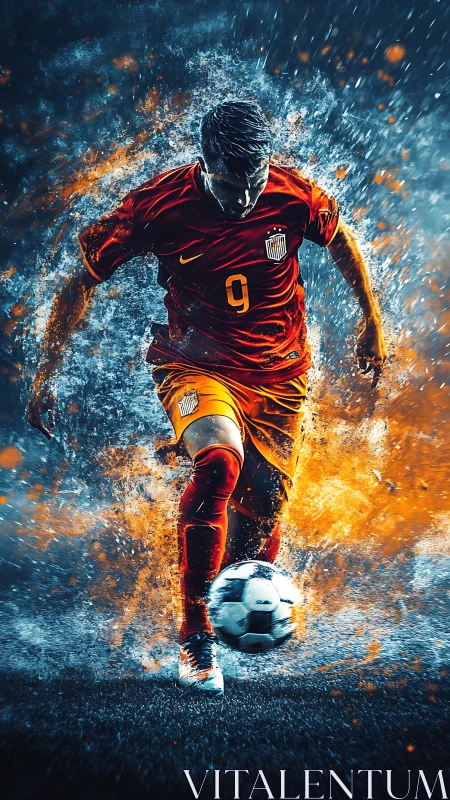 Soccer forward in motion with dynamic fiery effects.