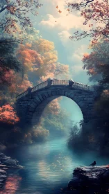 Stone arch bridge over misty teal river in autumn forest.