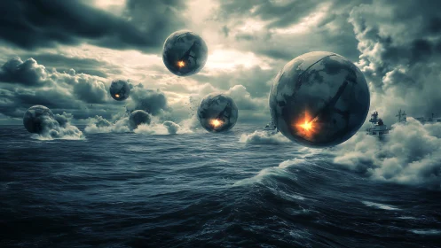 Orbital war spheres descend on storm-tossed ocean fleet.