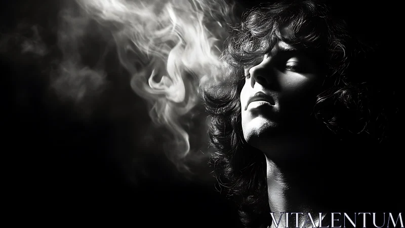 Portrait shows person with closed eyes and smoke drifting upward