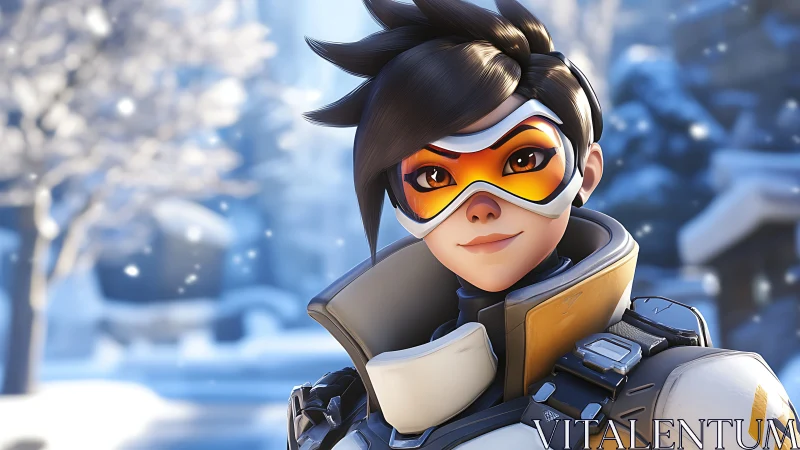 Stylized winter portrait of a goggled character outdoors.