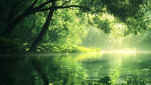 Sunlit forest river bends under overhanging leafy trees