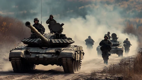 Armored battle tanks advance through smoky autumn training ground.