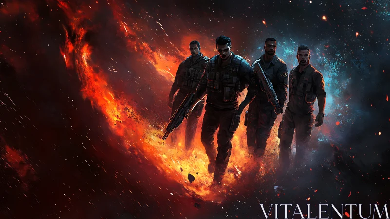 Elite soldiers stride through cosmic firestorm of war.
