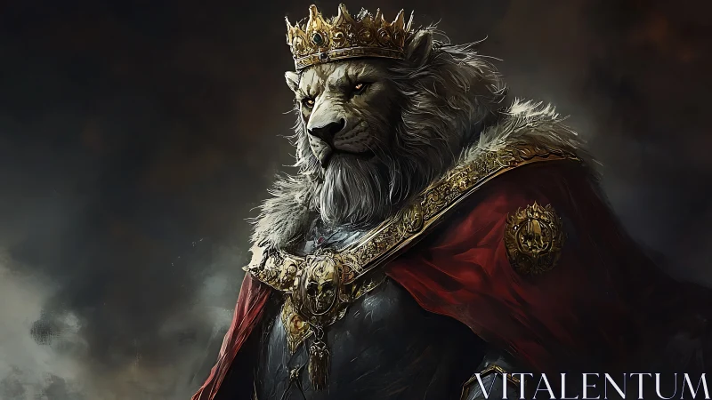 Regal anthropomorphic lion king in ornate digital portrait.