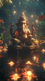 Gentle Ganesha idol glows softly amid floating flower lights