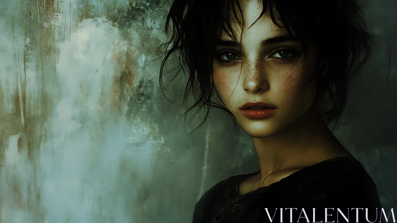 Moody portrait of young woman against textured wall backdrop.