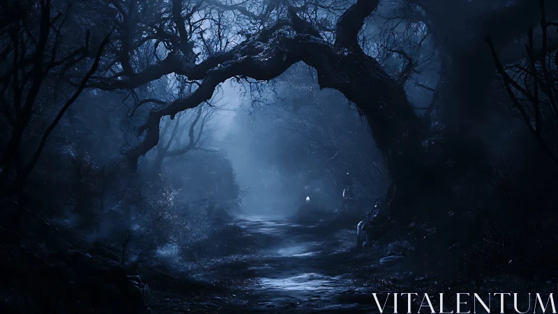 Moonlit haunted forest path under twisted arching trees.