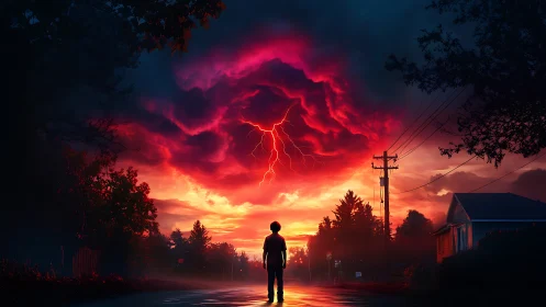 Storm-lit twilight street with curious child beneath thundercloud.